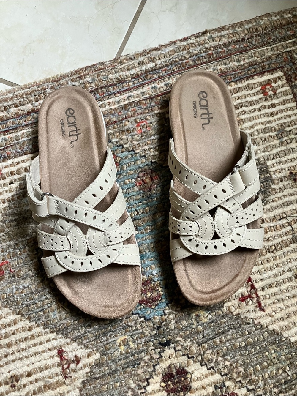 Earth Origins Women's Beige Perforated Slide Sandals